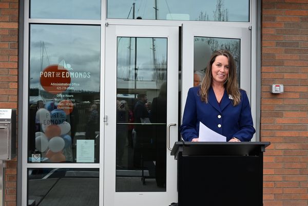 City of Edmonds Representative speaks at the Port of Edmonds Building opening